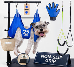 BumbleTails adjustable arm 26-40 inch in use for secure grooming sessions