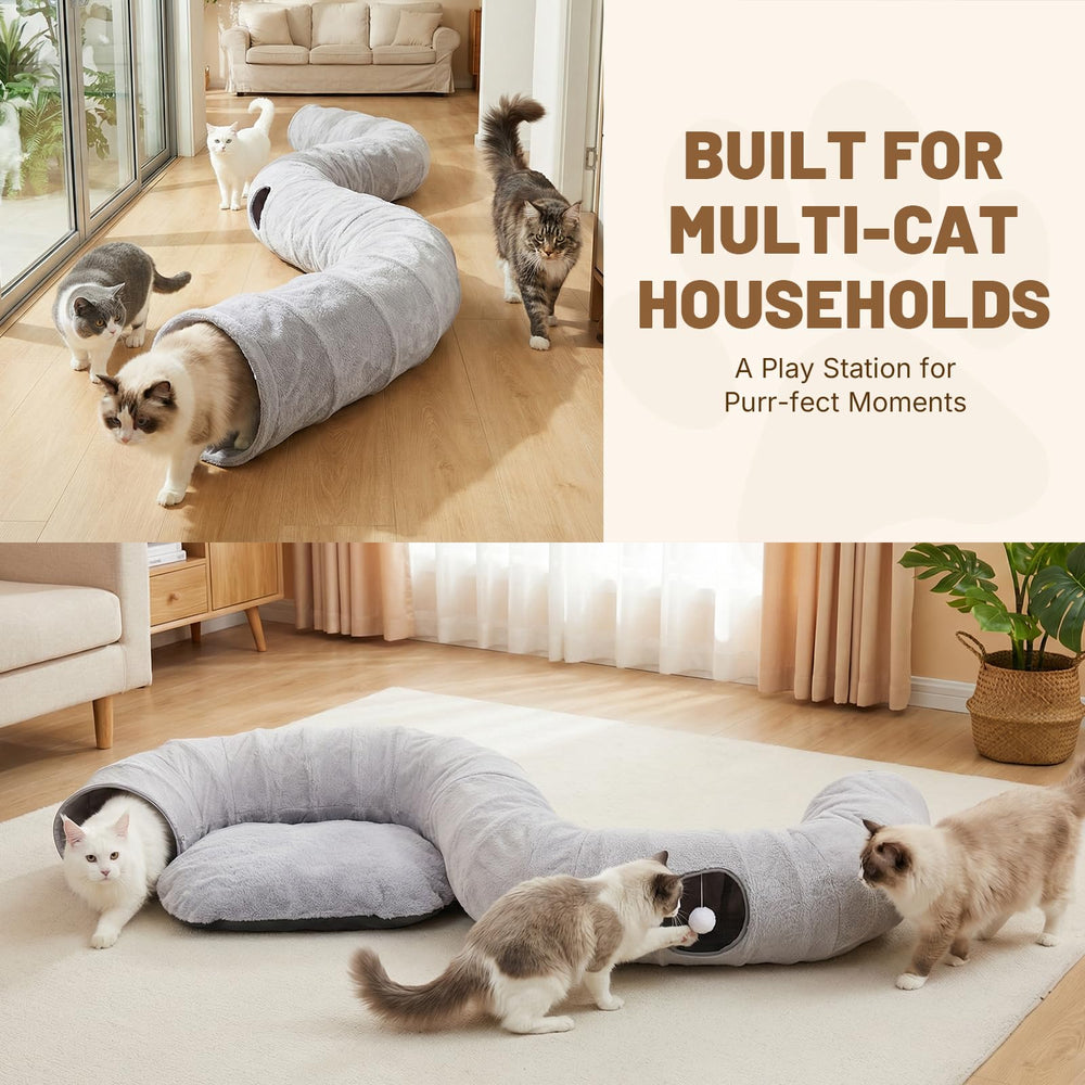 BUMUBI cat tunnel bed soft faux fur cover provides cozy resting warmth.