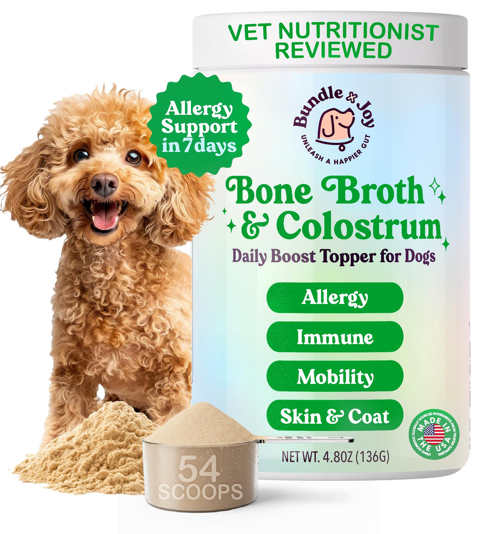 Bundle x Joy beef bone broth powder jar front view for dogs, supports digestion.