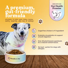 Bundle x Joy bag front highlights cage-free chicken and grain-free recipe.