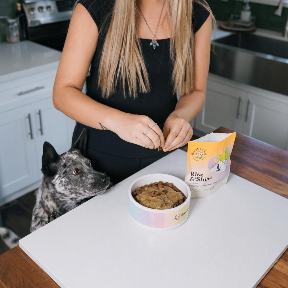 Rise & Shine superfoods blend includes blueberries and cranberries for daily dog nutrition.