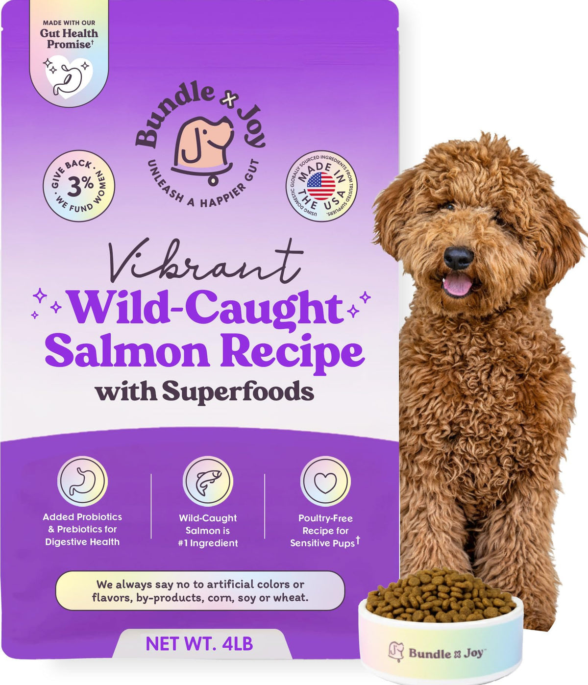 Bundle x Joy Vibrant Salmon Probiotic Dry Dog Food bag shows real salmon as the main ingredient.