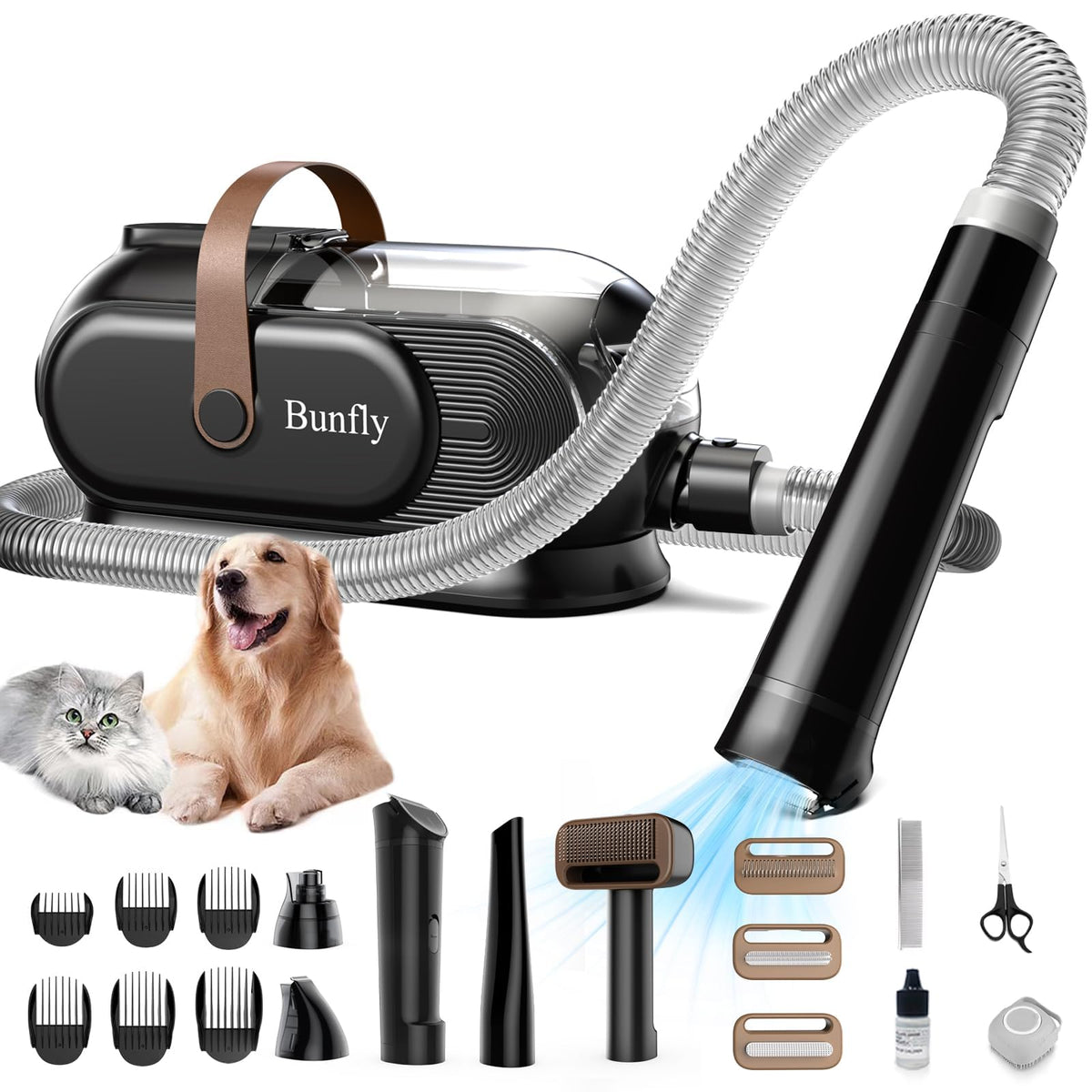 Bunfly dog grooming kit front view showing 13000kPa suction for powerful cleaning