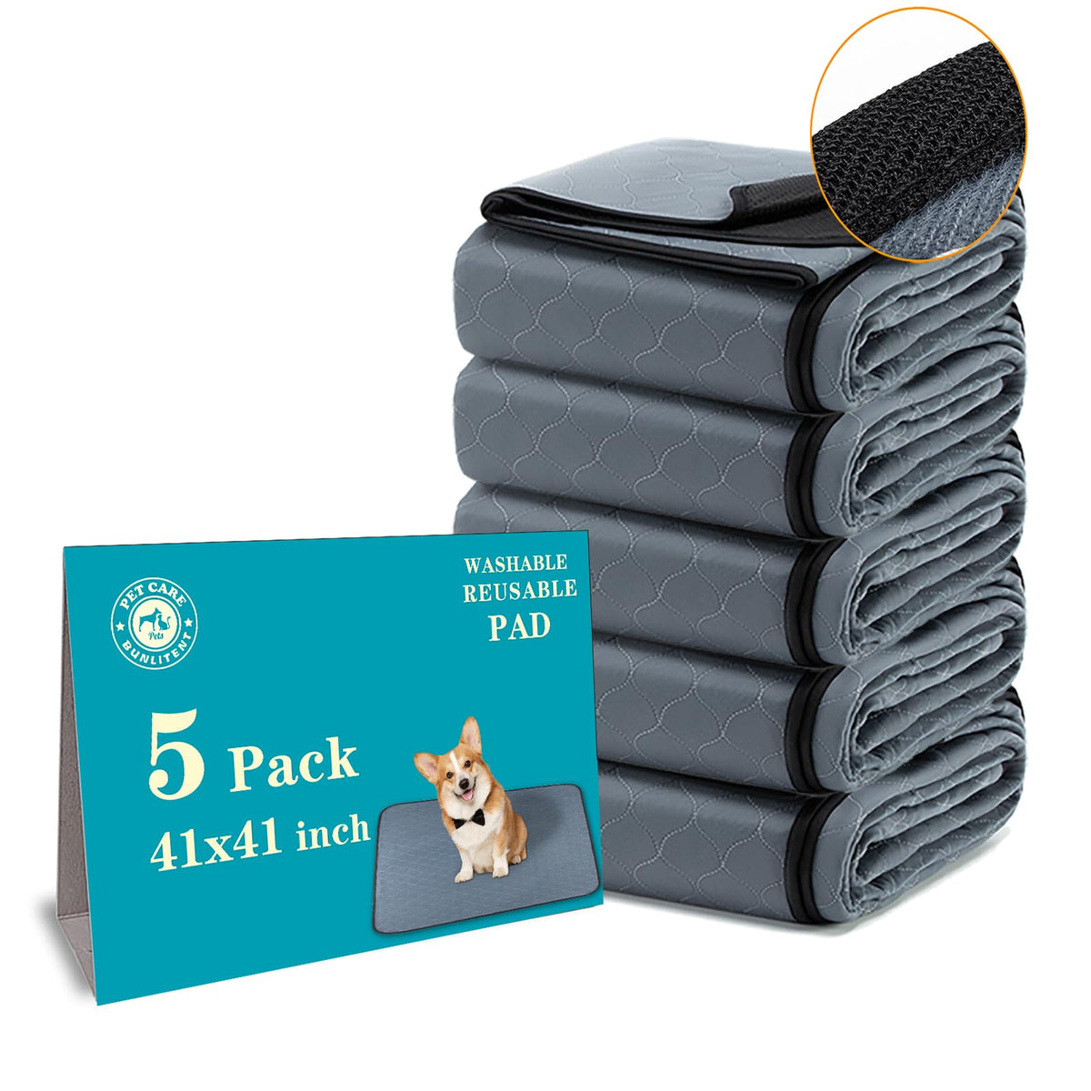 Bunlitent washable dog pee pad 41x41, top view with large absorbent surface.