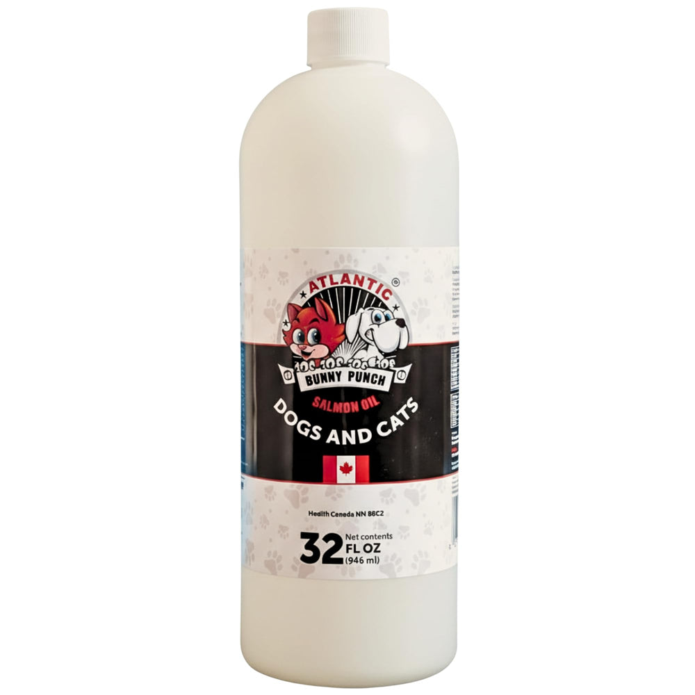 Bunny Punch Salmon Oil bottle being poured onto pet food as a tasty topper