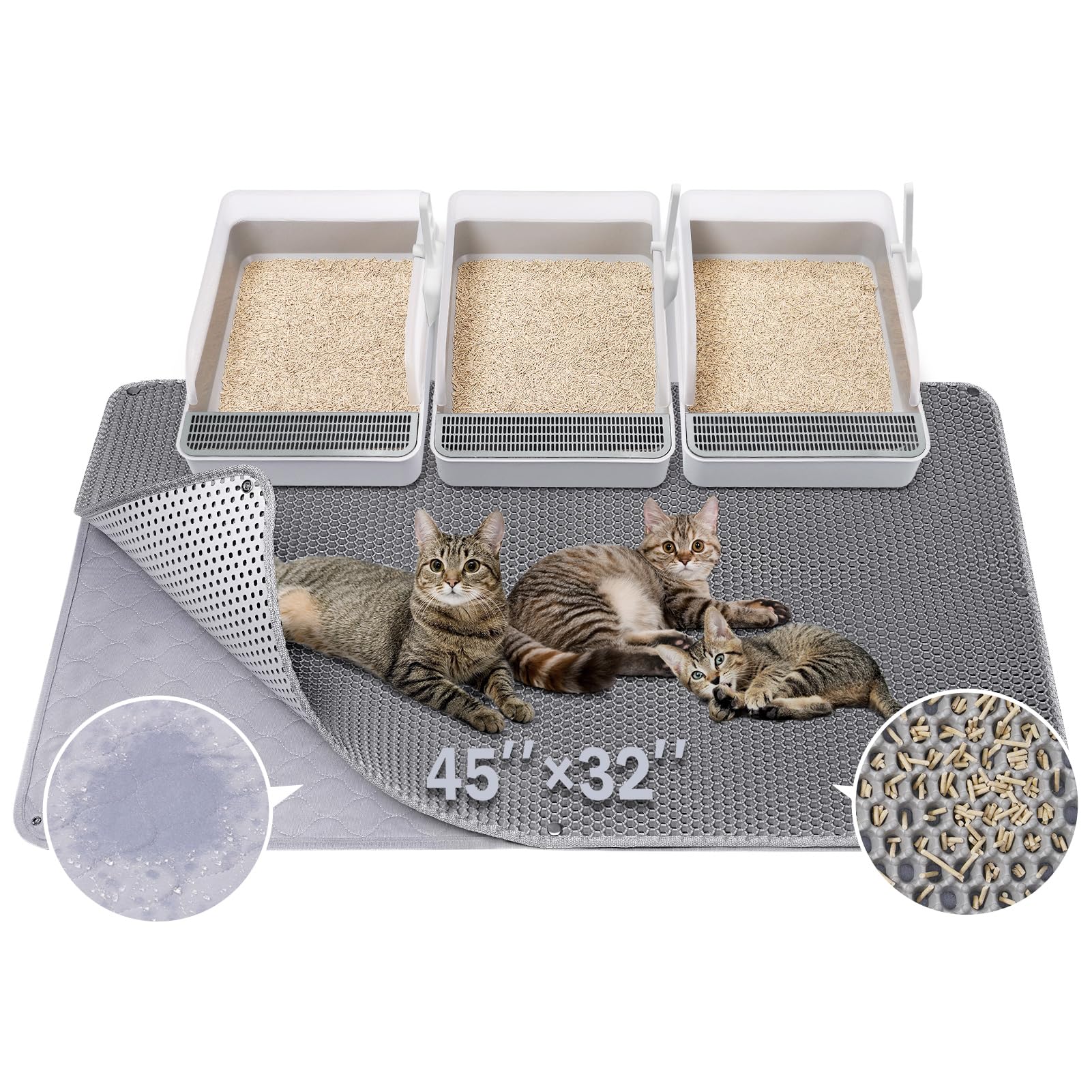 BurgeonNest 45x32 cat litter mat provides ample coverage for multiple boxes.