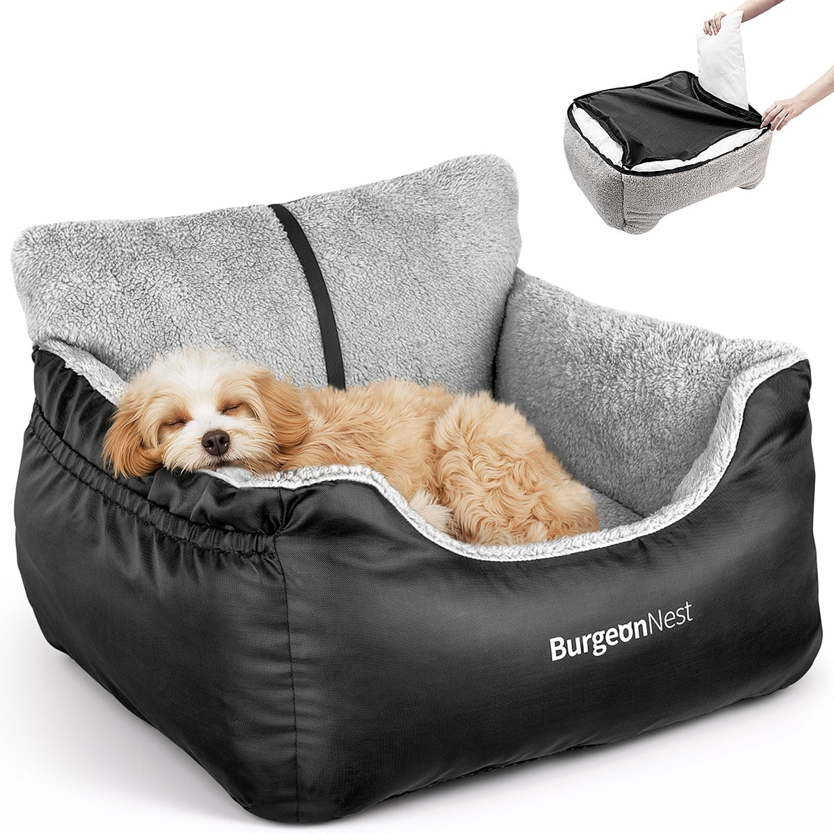 BurgeonNest dog car seat front view showing compact booster for small dogs and secure travel