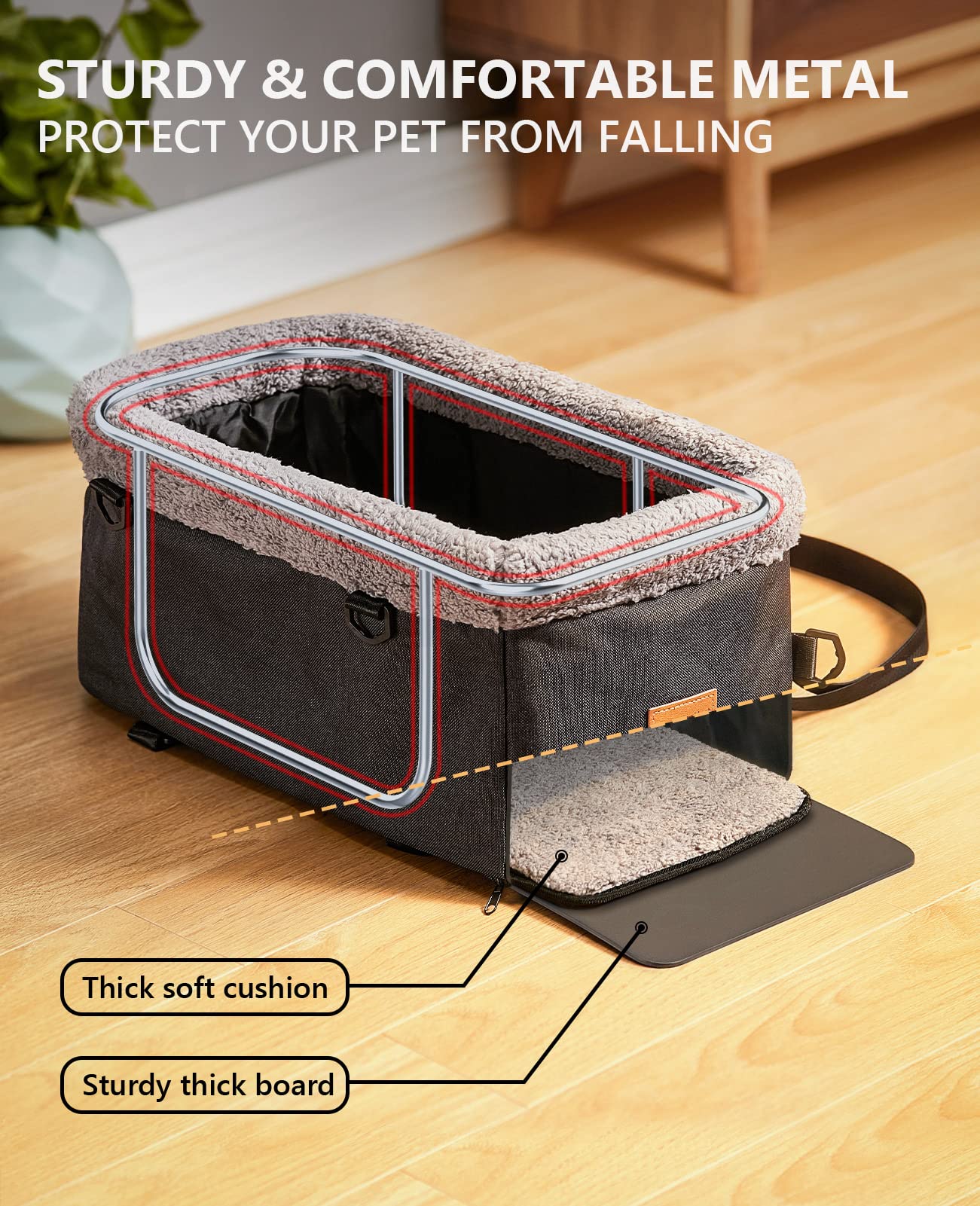 BurgeonNest dog seat metal frame provides sturdy support for car travels.