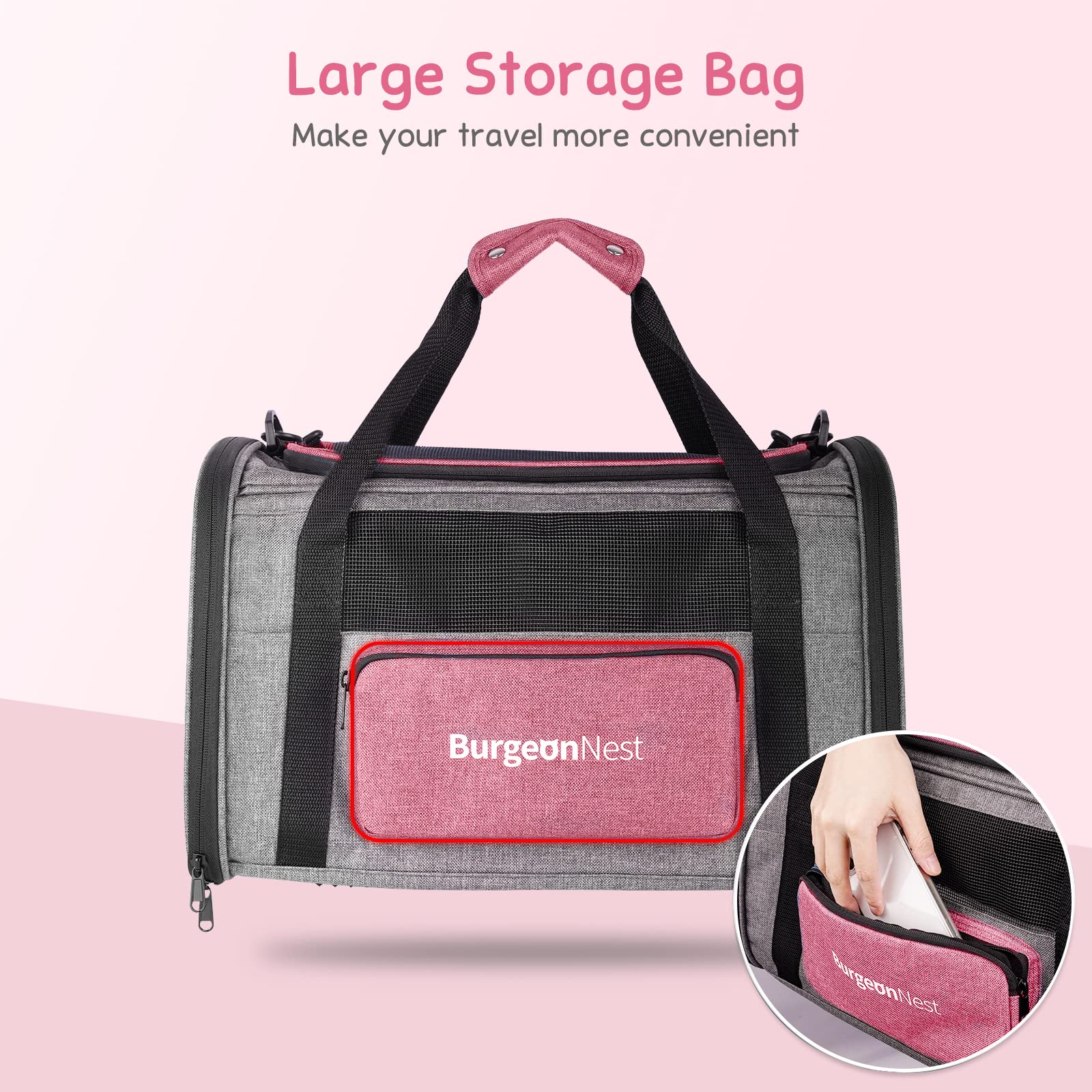 BurgeonNest bright pink side bag stores waste bags, food, or bowls.