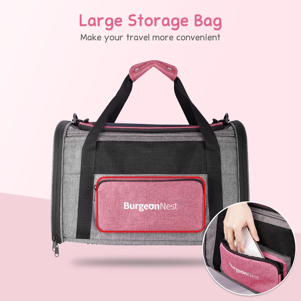 BurgeonNest bright pink side bag stores waste bags, food, or bowls.