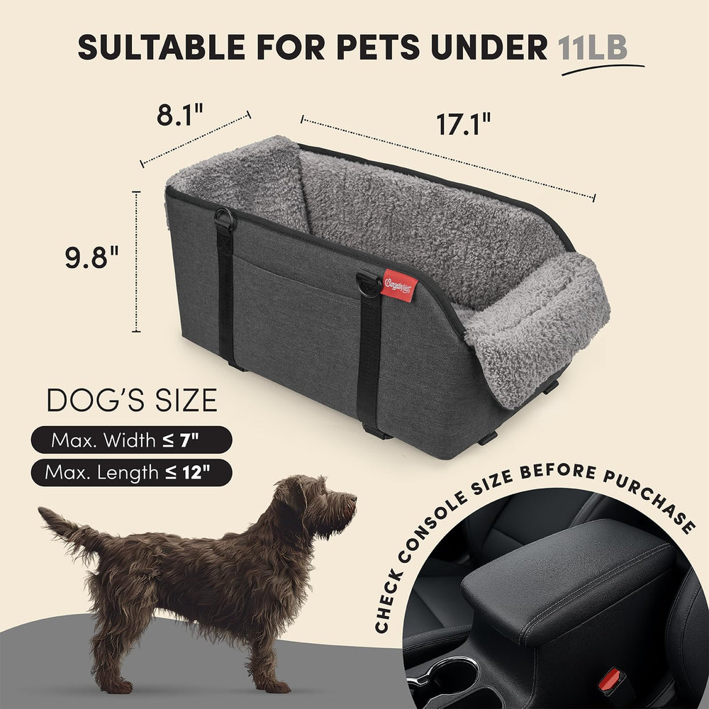 BurgeonNest Center Console dog car seat side straps demonstrate secure installation.