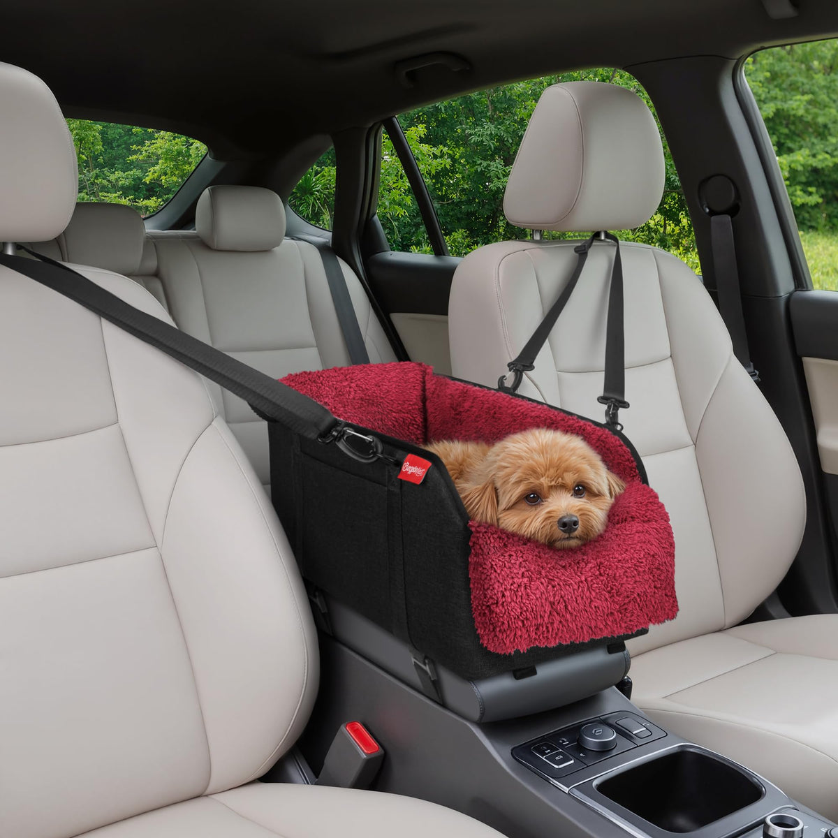 BurgeonNest Center Console Small Dog Car Seat secures on the armrest for calm rides.
