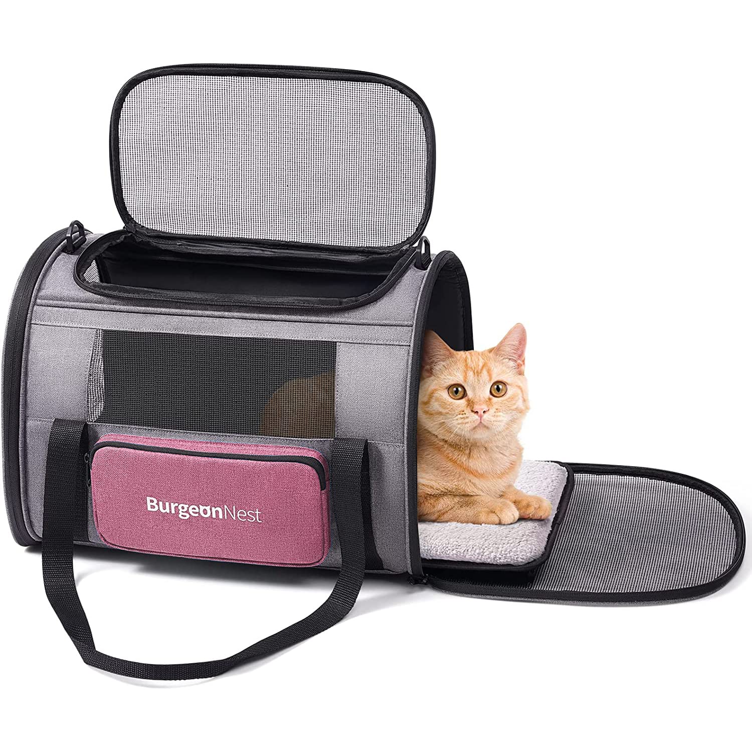 BurgeonNest soft cat carrier with side bag, ideal for travel storage and organization.