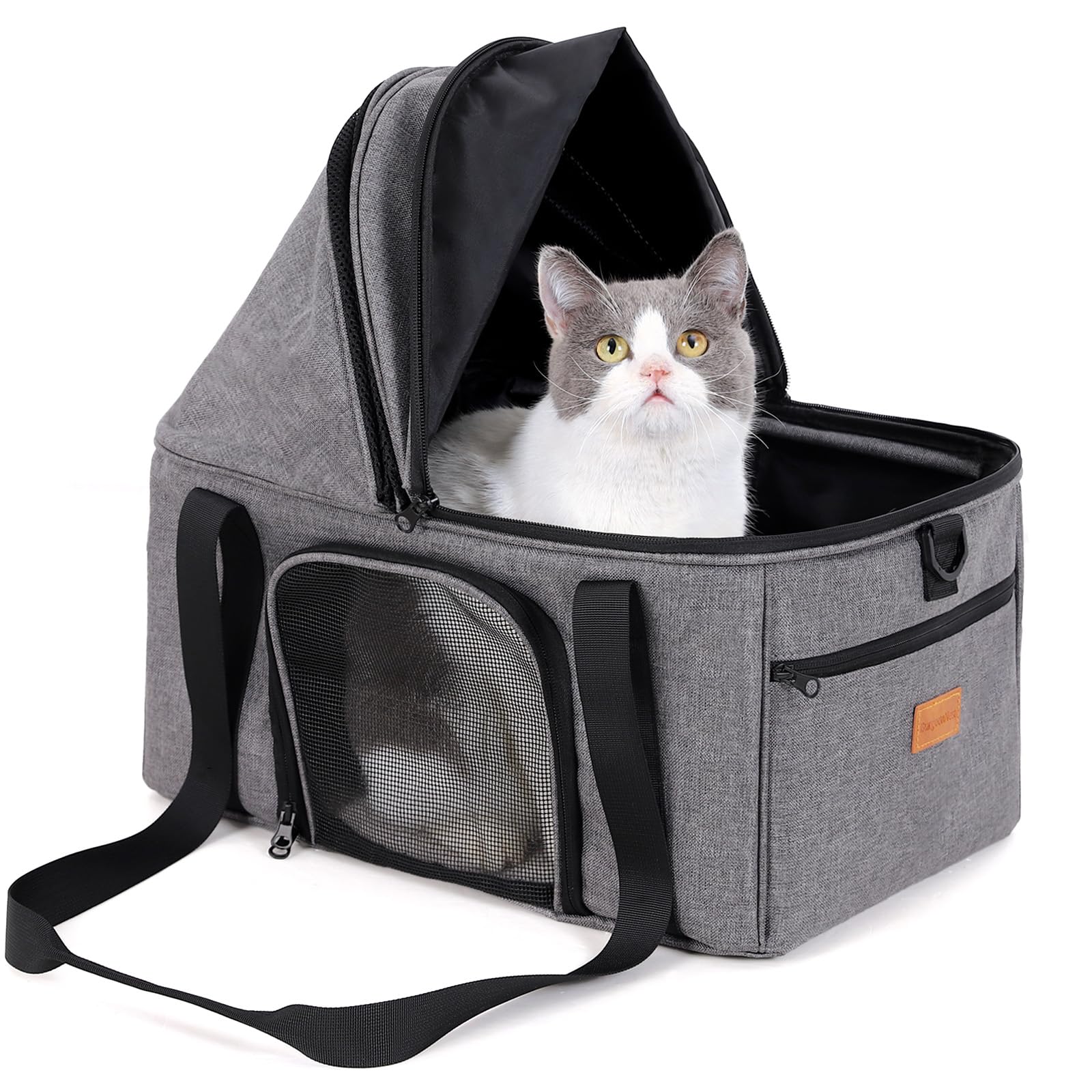BurgeonNest top-expandable large cat carrier front view with semi-open canopy for easy loading and ventilation.