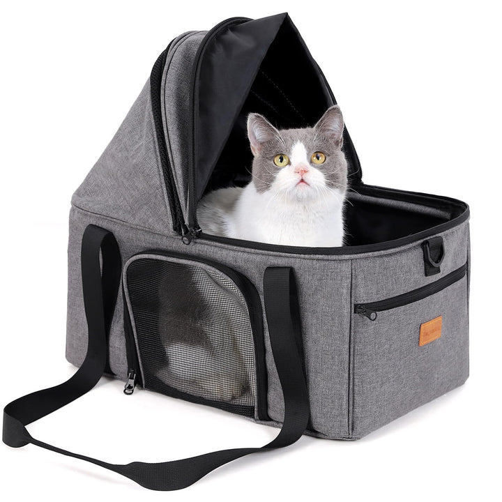 BurgeonNest top-expandable large cat carrier front view with semi-open canopy for easy loading and ventilation.
