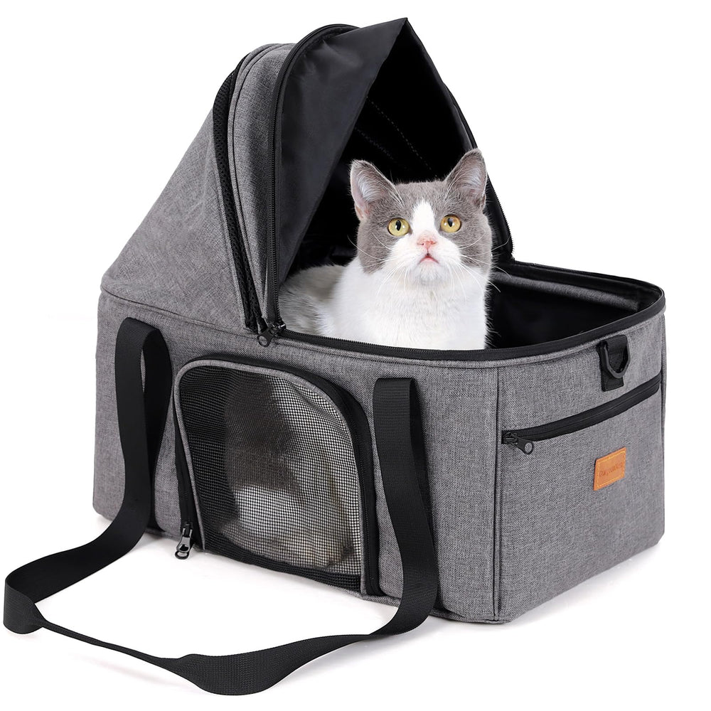 BurgeonNest top-expandable large cat carrier front view with semi-open canopy for easy loading and ventilation.