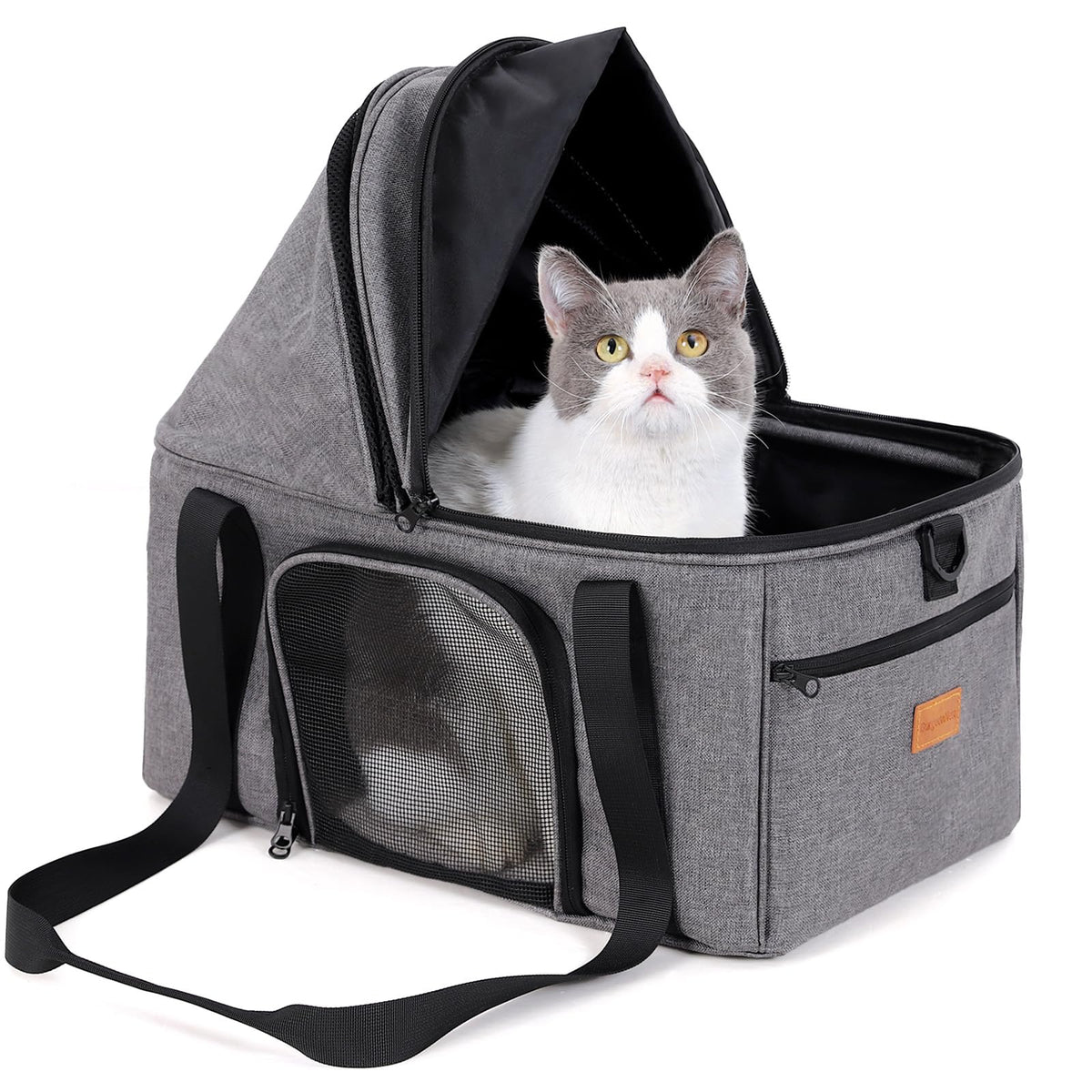 BurgeonNest top-expandable large cat carrier front view with semi-open canopy for easy loading and ventilation.