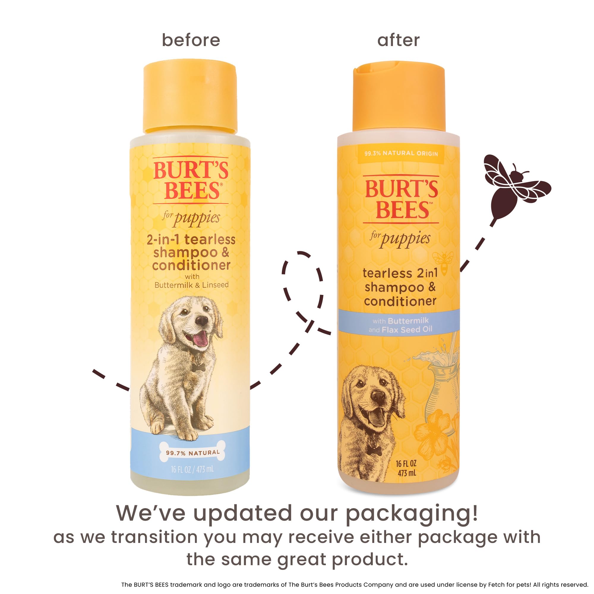 Label of Burt's Bees for Pets Tear Free Puppy Shampoo shows natural buttermilk formula.