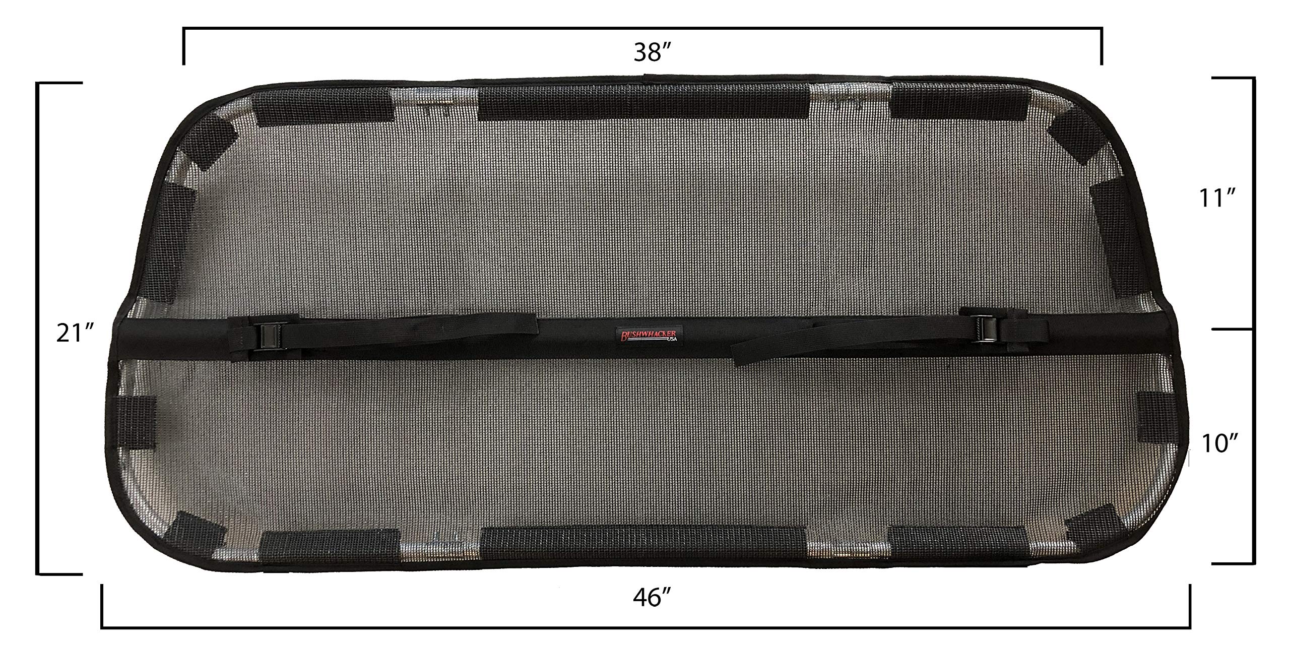 Bushwhacker cargo barrier backseat attachment demonstrates easy anchoring for stable pet separation.