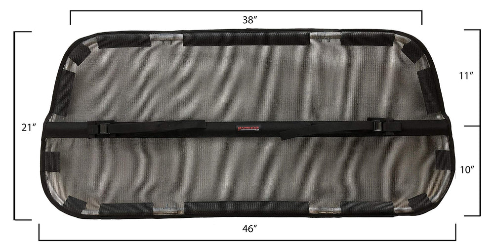 Bushwhacker cargo barrier backseat attachment demonstrates easy anchoring for stable pet separation.
