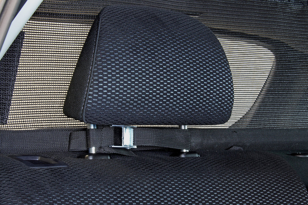 Bushwhacker cargo barrier installation steps illustrate quick, tool-free setup in minutes.