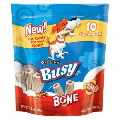 Busy Bone Tiny Chewbones pack front, real meat chews for small adult dogs