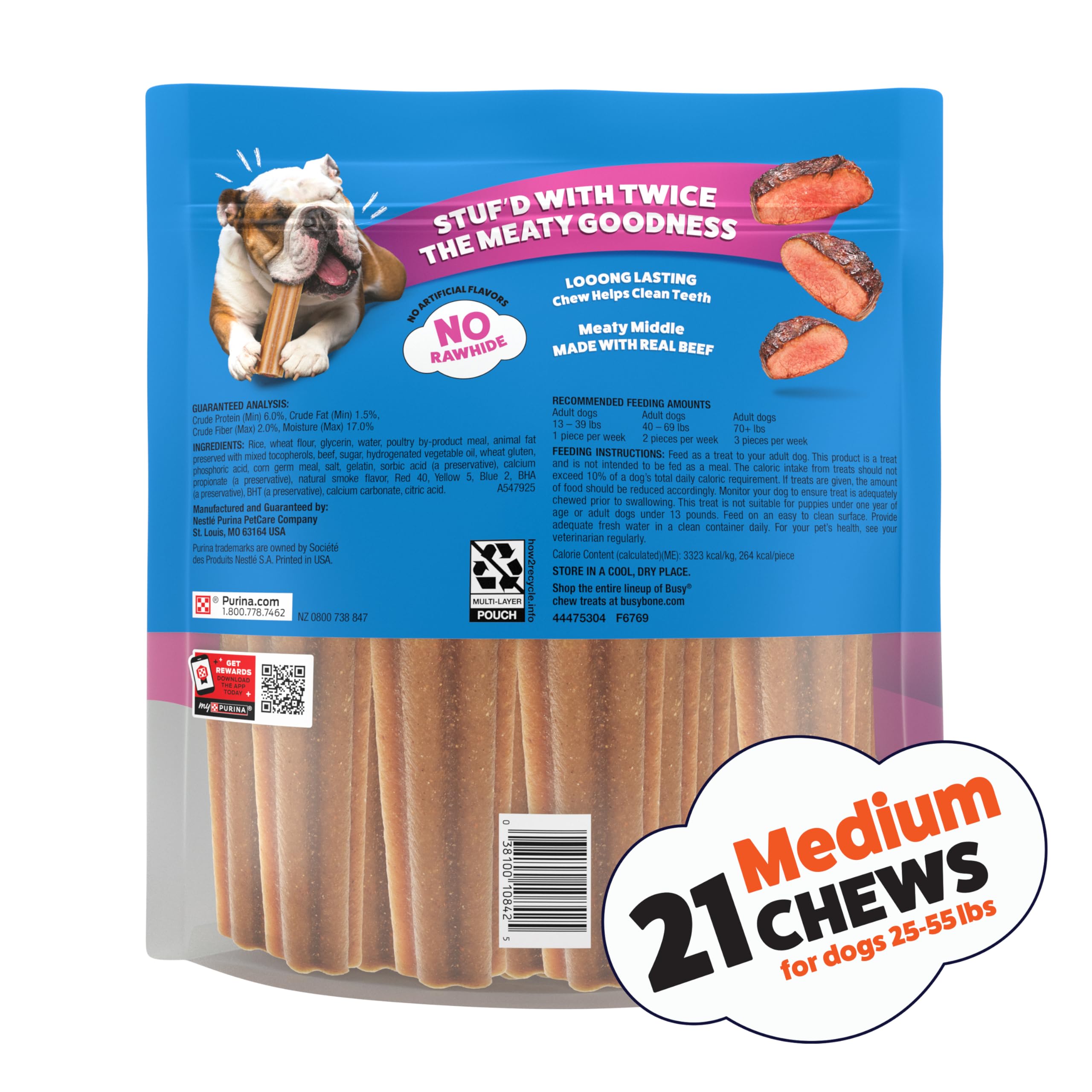 Busy Stuf’d medium dog treats fit dogs 25-55 pounds for satisfying chews.