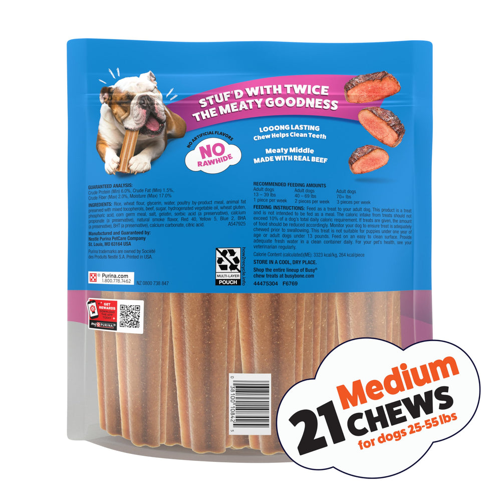 Busy Stuf’d medium dog treats fit dogs 25-55 pounds for satisfying chews.
