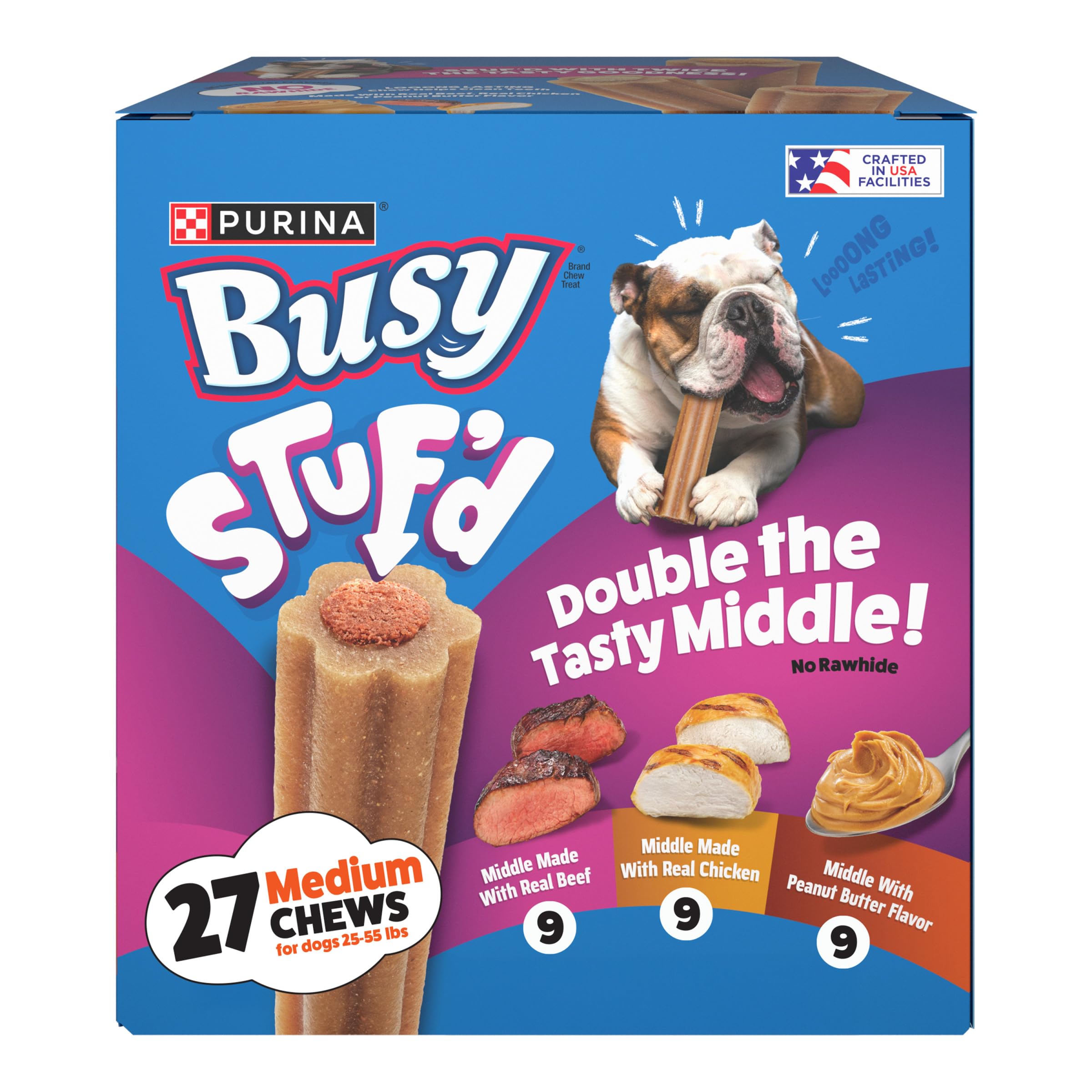 Busy Stufd Variety Pack packaging highlights real beef, chicken, and peanut butter flavors.