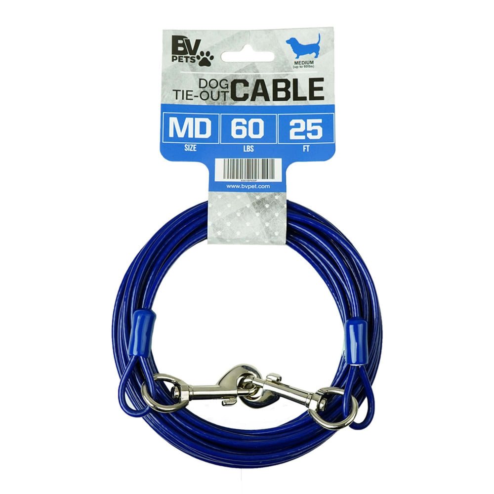 BV Dog Tie Out Cable 25ft with clip for up to 60 lb dogs, secure control.