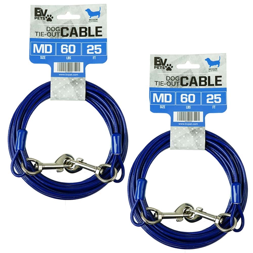 BV Dog Tie Out Cable 25ft blue with secure yard attachment for safe exploration