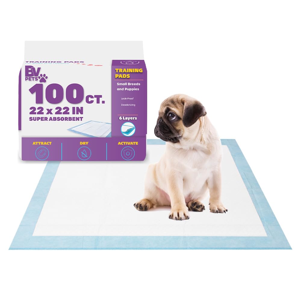 BV Puppy Pads box showing 100-count leak-proof pads for home use