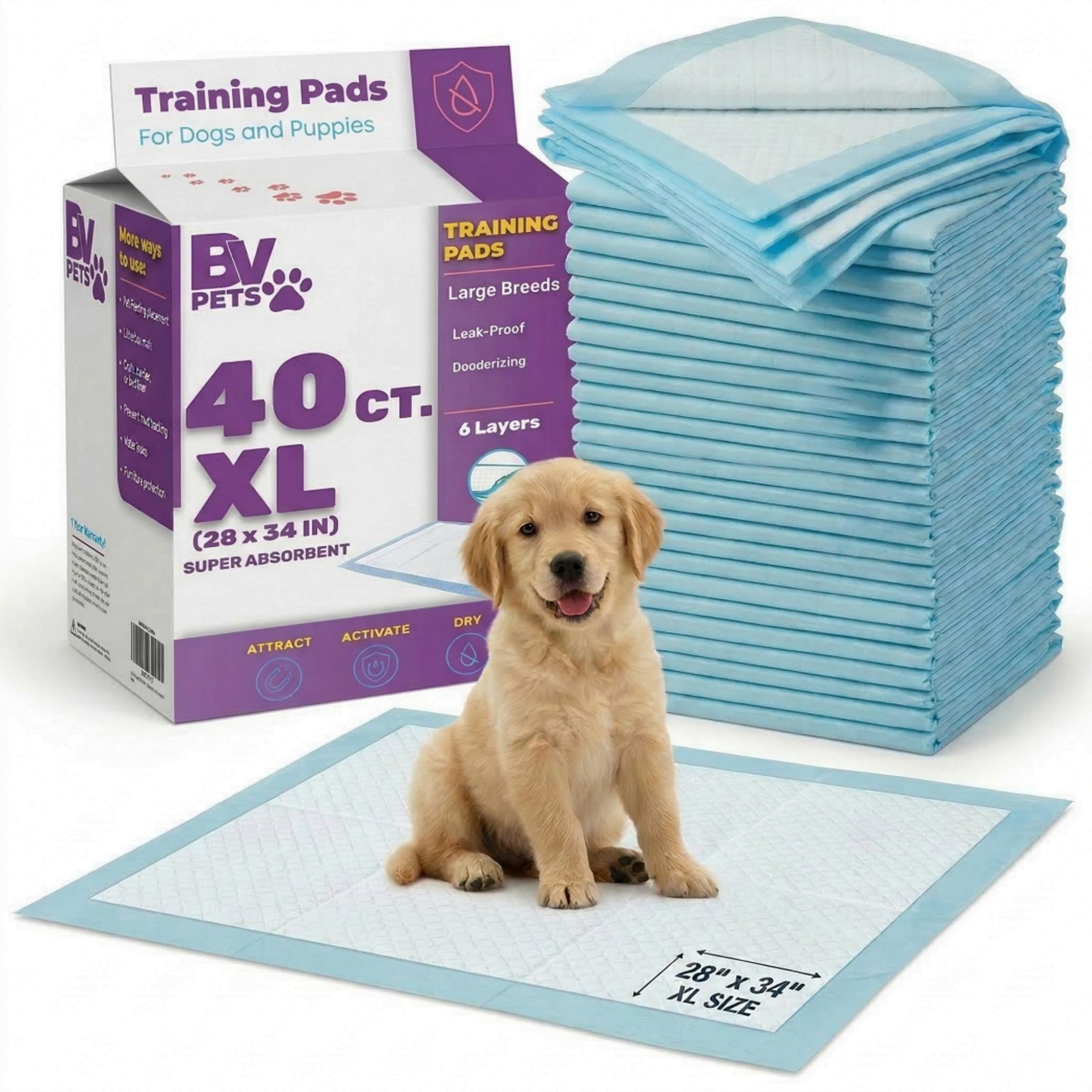 BV Puppy Pads XL 34x28-inch pack covers large areas for efficient training.