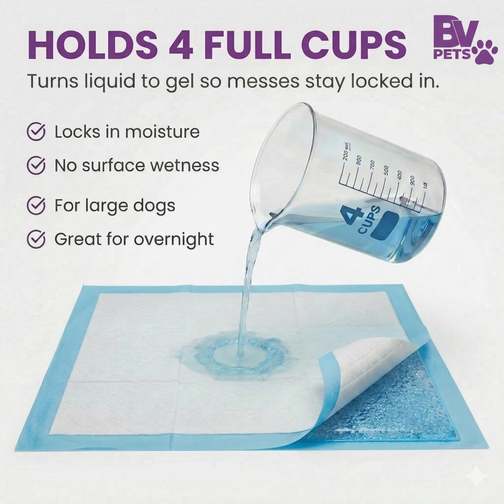 BV Puppy Pads XL built-in attractant guides pets to the right spot for faster potty training.