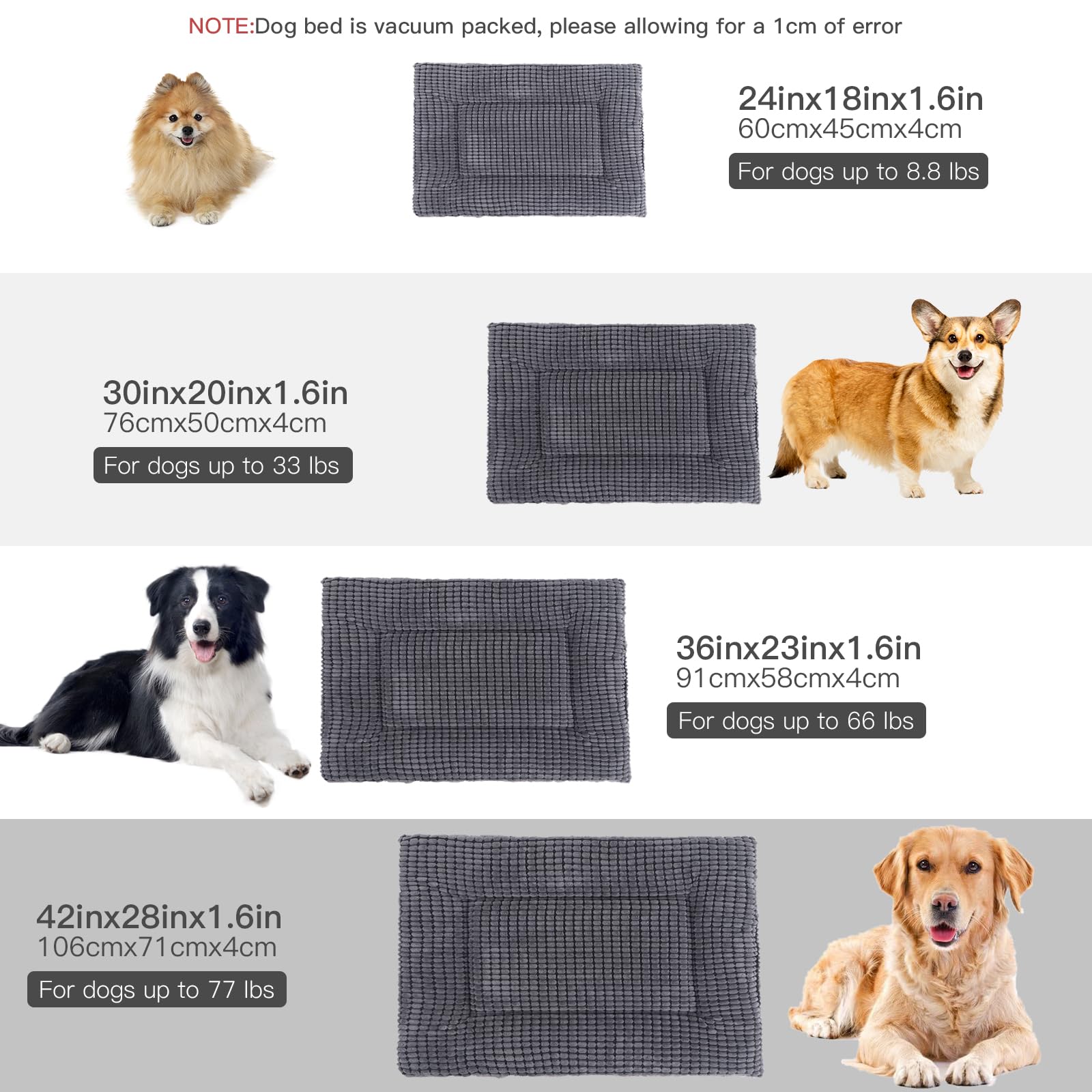 BVAGSS Reversible Dog Crate Pad size chart helps choose the right fit.