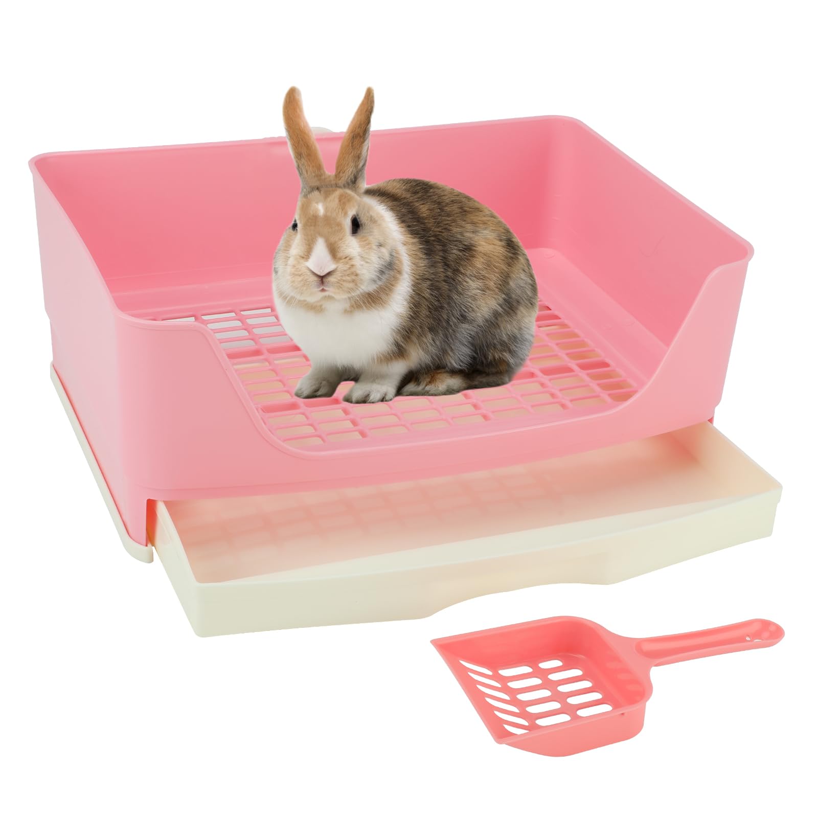 BWOGUE large rabbit litter box pink front view shows roomy space for large small pets