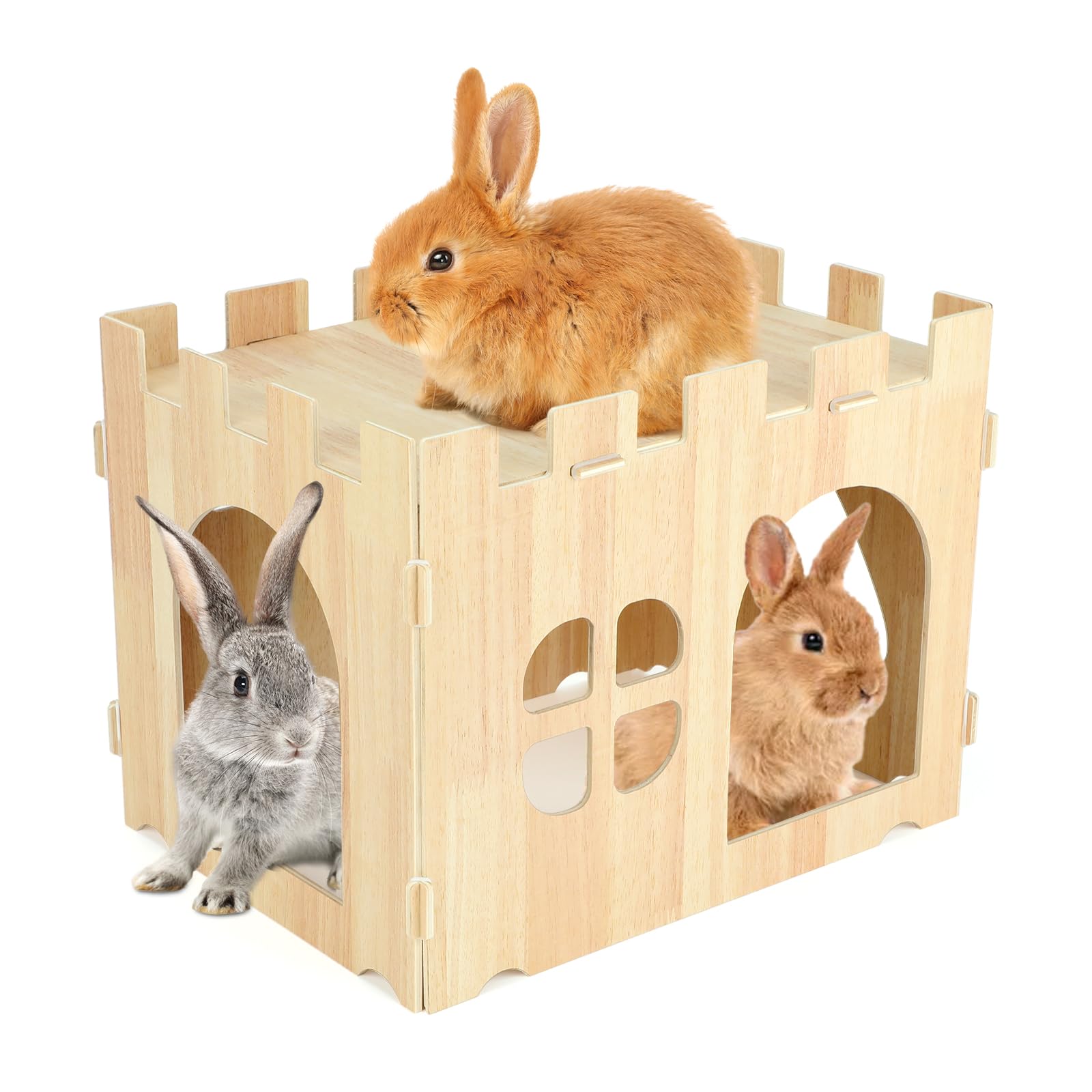 BWOGUE large wooden rabbit house with two doors for easy access and play.