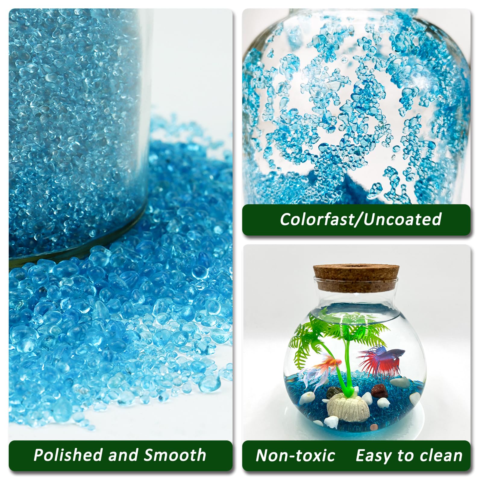 BXI shiny blue gravel in water that sparkles without changing water chemistry.