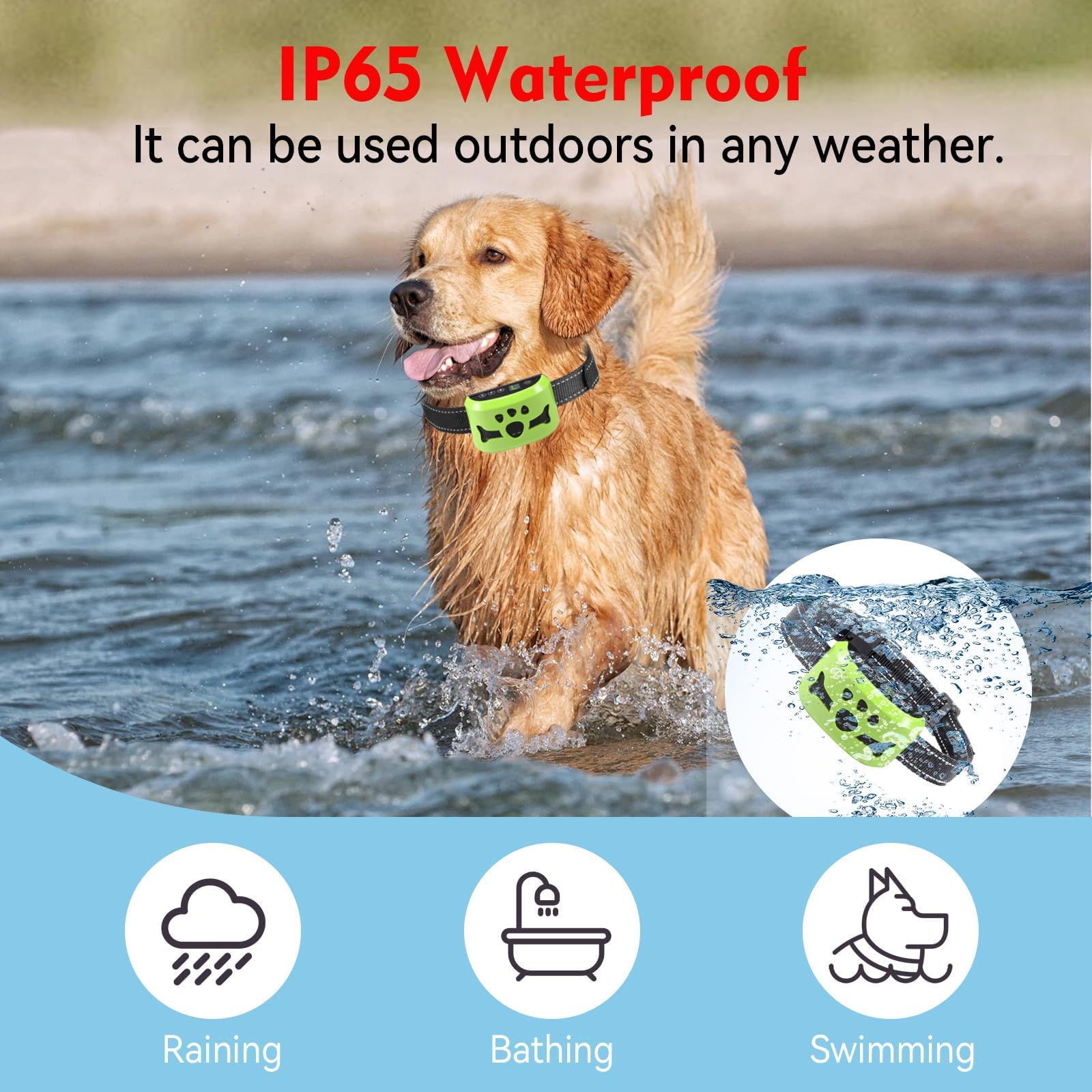 BXQ IP65 waterproof collar suitable for rain, baths, and swimming
