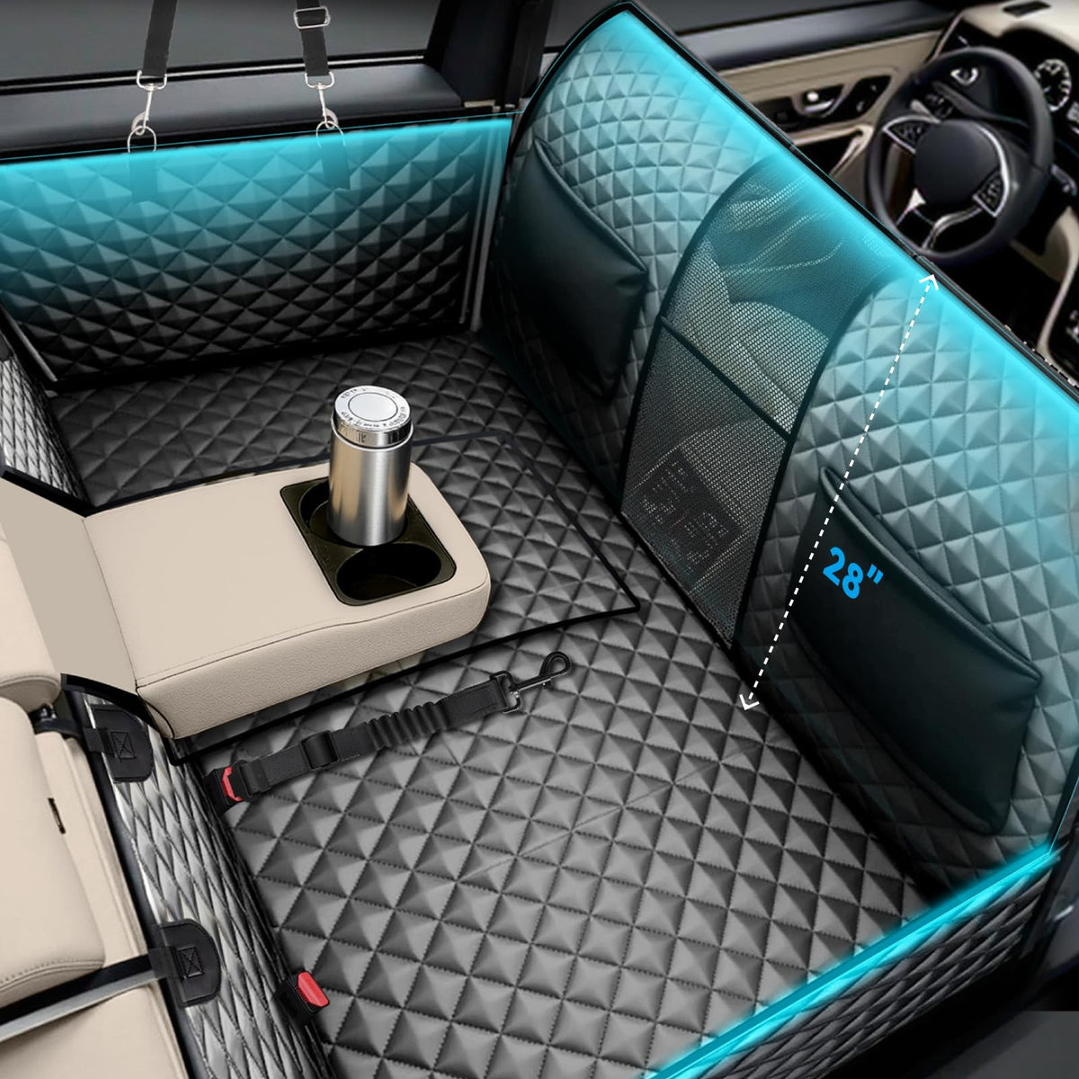BYI High Barrier Dog Car Seat Cover shows back-seat bed setup for road trips