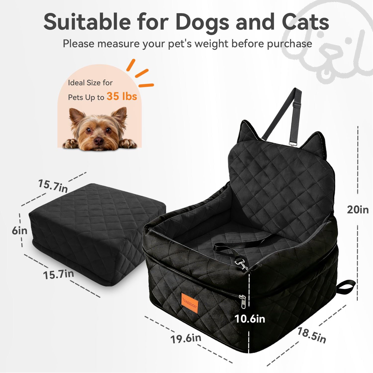 CABZOON booster seat dimensions 20x18.5x10.62 inches; fits most cars
