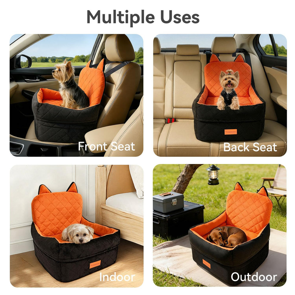 CABZOON booster seat with storage pockets keeps leashes and toys handy.