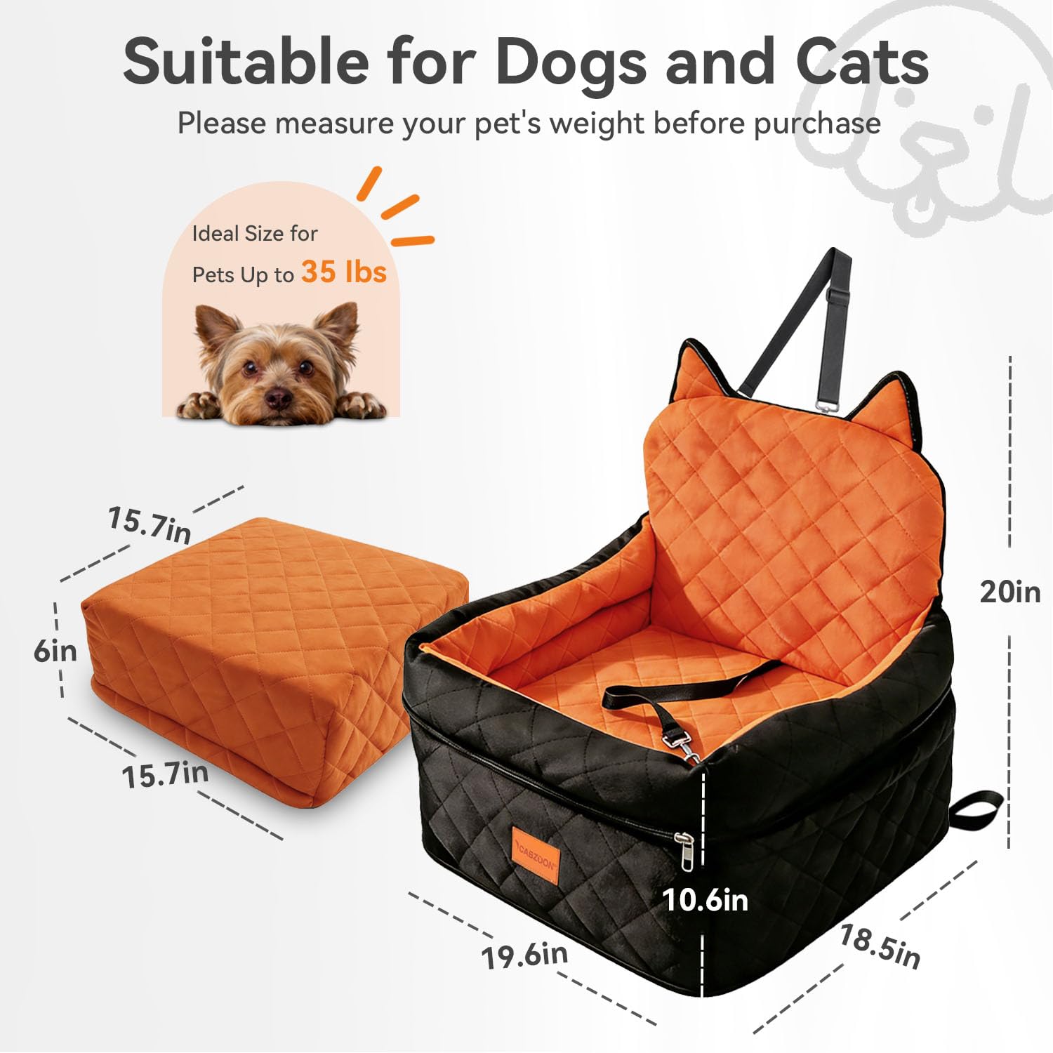 CABZOON booster seat supports dogs up to 35 lbs for versatile use.