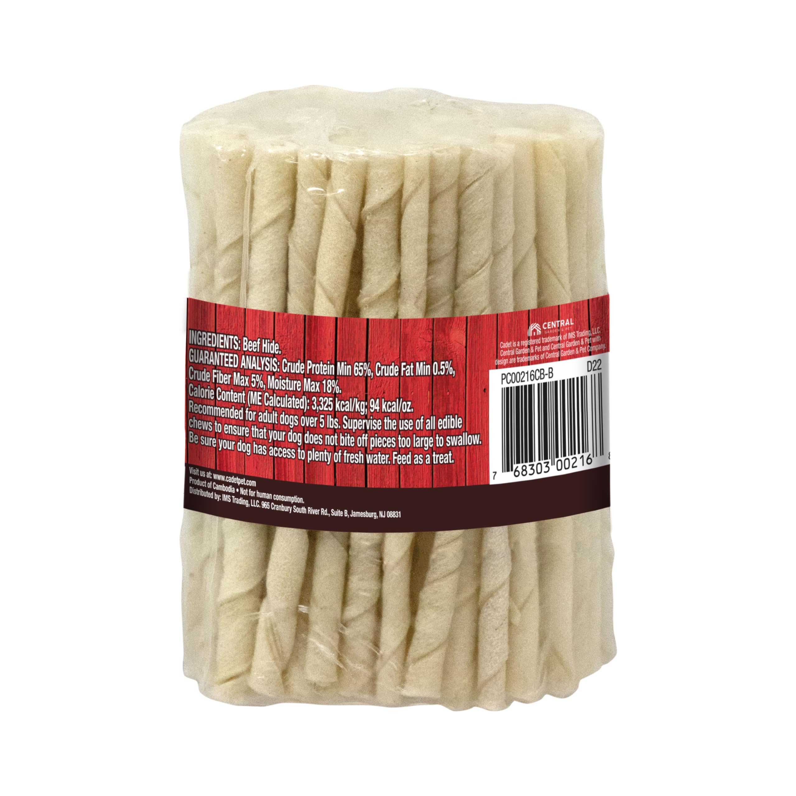 Cadet beef hide twist 100-pack container photo, ready for long-lasting chew sessions.