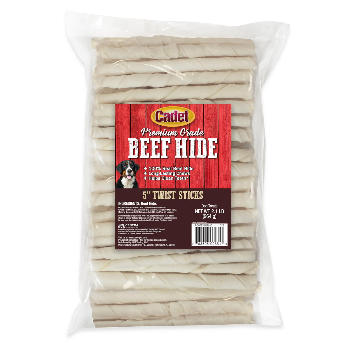 Cadet beef-hide twist 5-inch sticks in a 34-ounce bag for dogs.