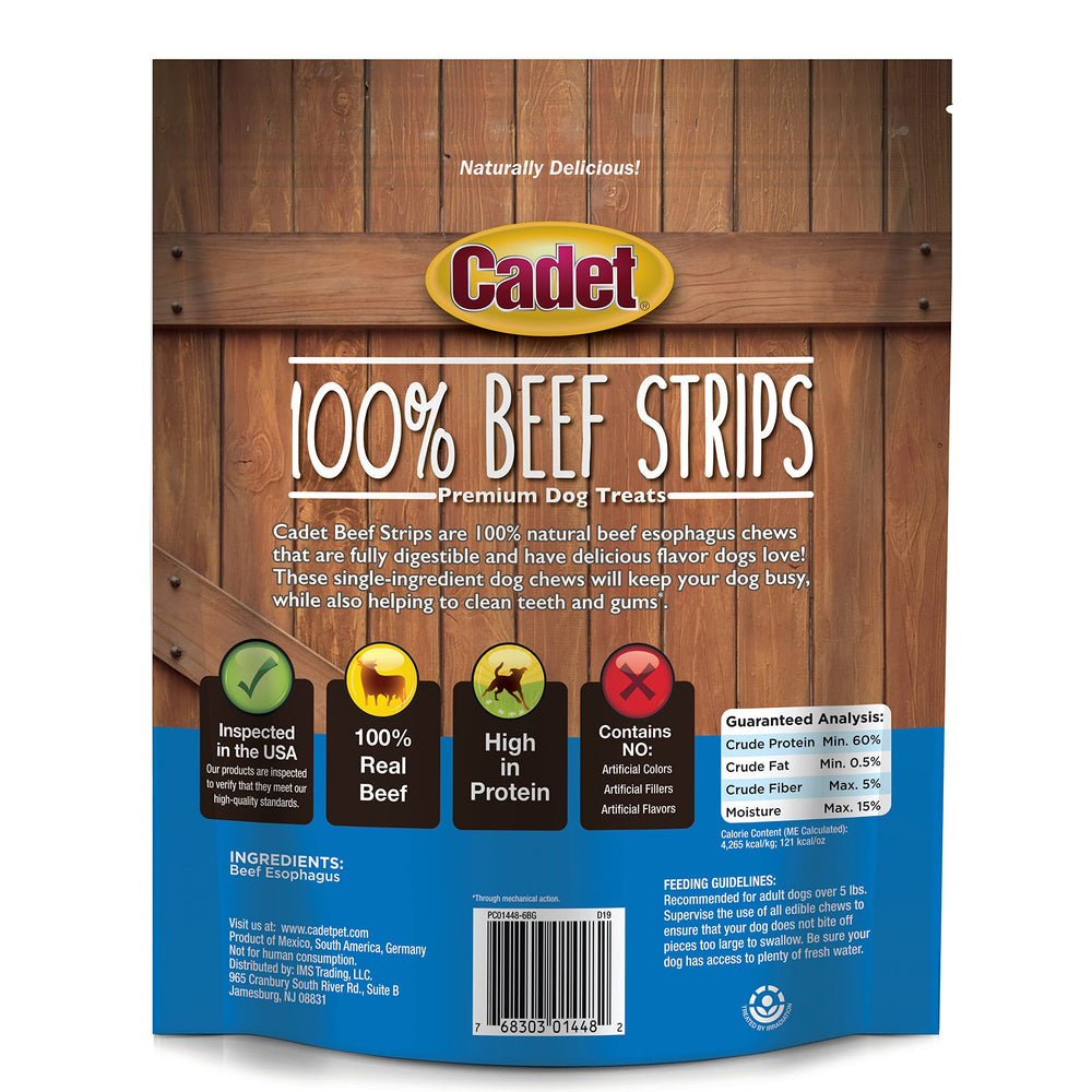 Eight ounce Cadet beef strips bag ready for chews and playtime.