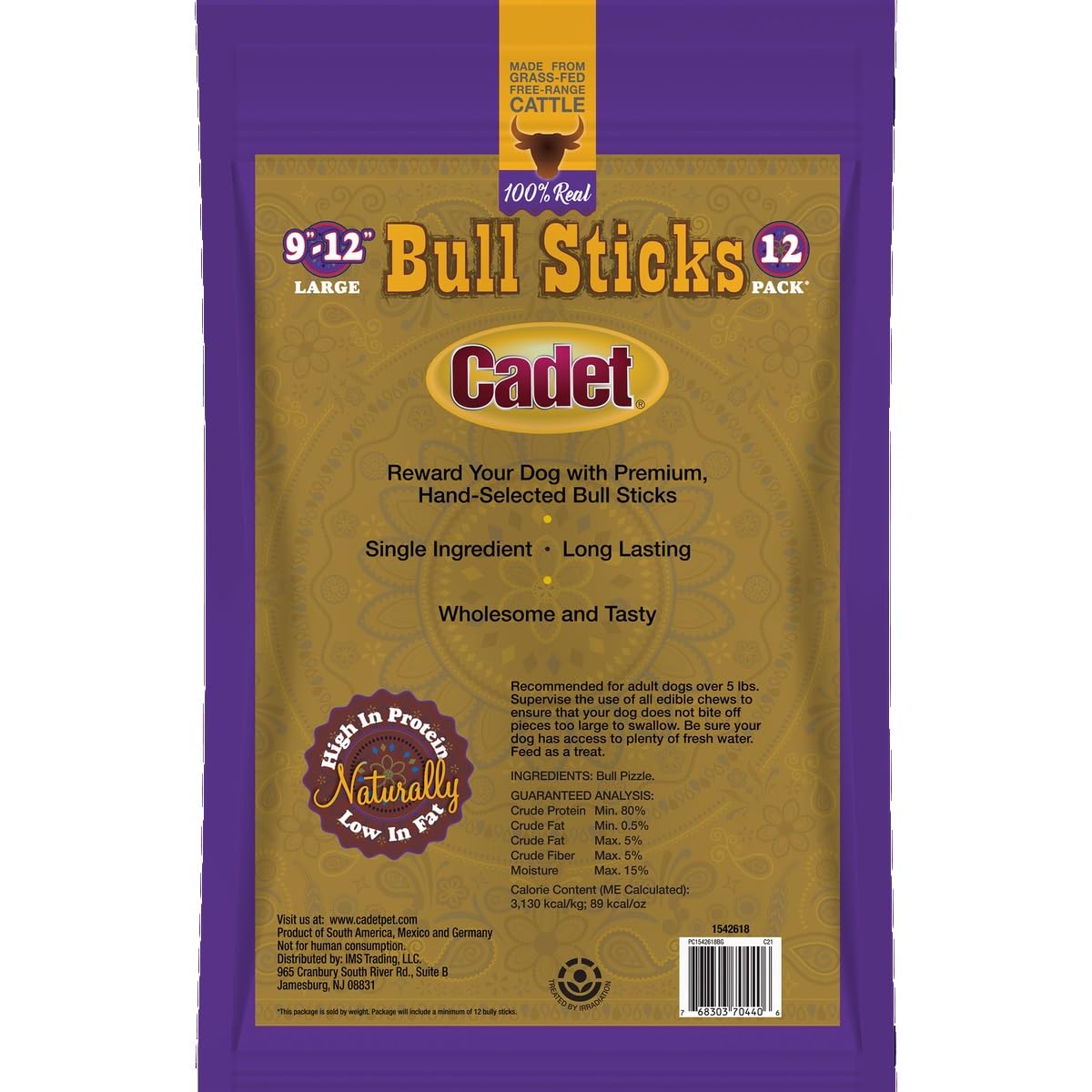 Cadet Bull Sticks 12-count pack, long-lasting grain-free beef chews for dogs