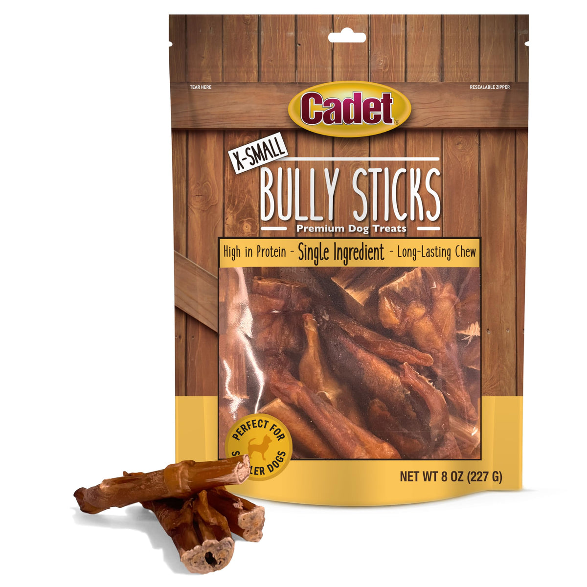 Cadet bully sticks for extra-small dogs offer a long-lasting, tasty chew for small breeds.