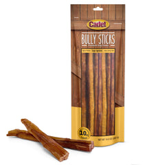Cadet bully sticks for large dogs, 10-count pack, long-lasting single-ingredient chew.