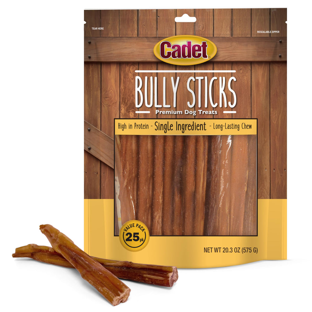 Cadet Bully Sticks for small dogs, 25-count pack, long-lasting chew.